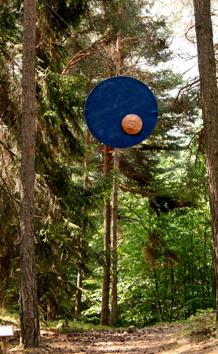 un disco blu con un punto giallo sospeso tra gli alberi